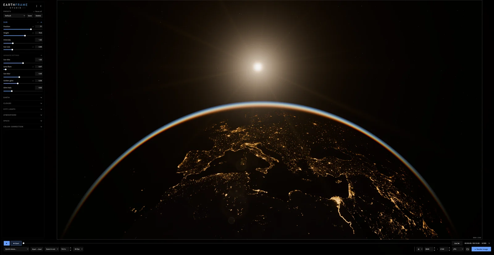 Earthframe Studio with the Sun settings open and a sunrise over Europe at night